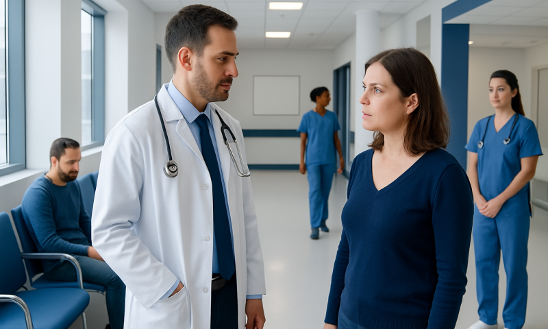 Doctor consulting a patient in a hospital corridor with medical staff in background.