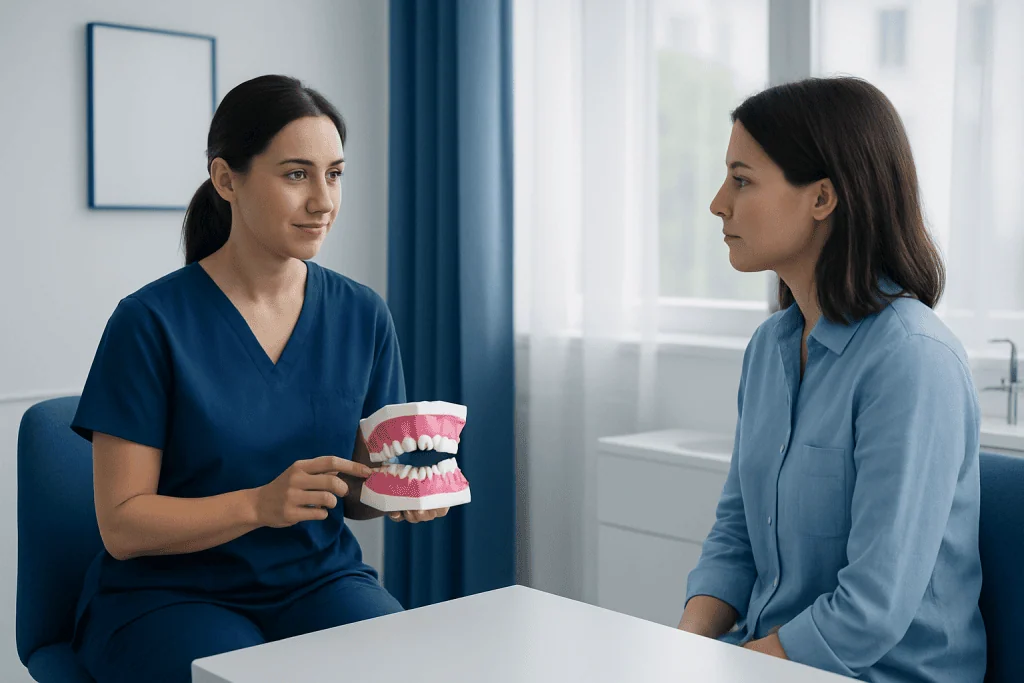 Dental professional explaining teeth and gums to patient with model.