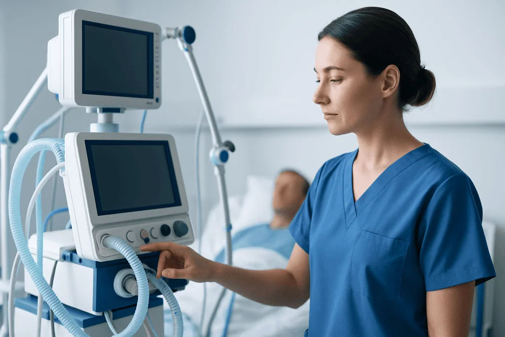 Healthcare professional monitoring patient in hospital ICU with ventilator.