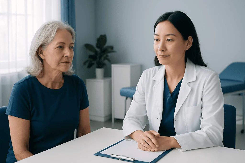 Doctor consulting with an elderly woman in a medical office.