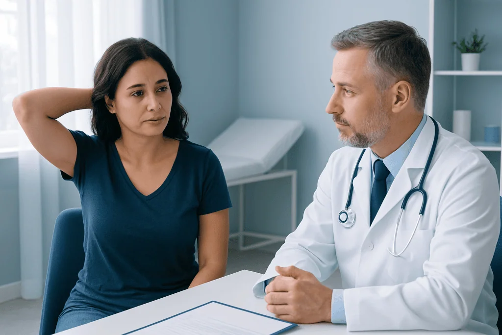 Doctor consulting a woman about sweating issues in a clinical setting.