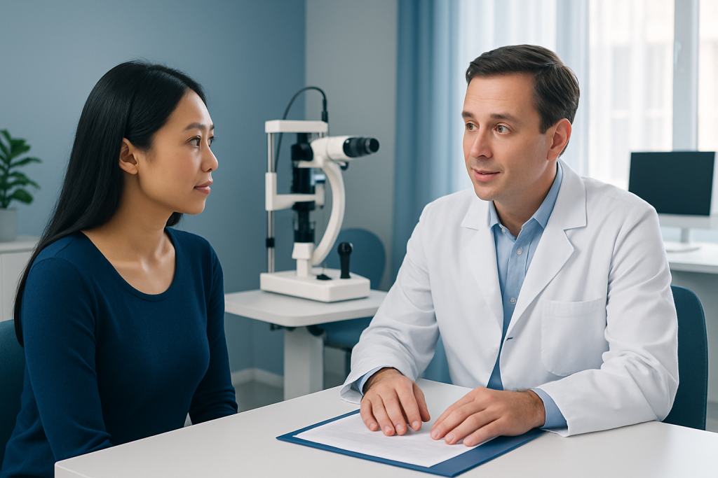 Doctor consulting with a patient in a modern medical office setting.