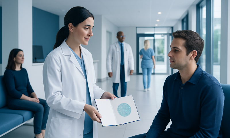 Doctor explaining eye test results to a patient in a hospital corridor.