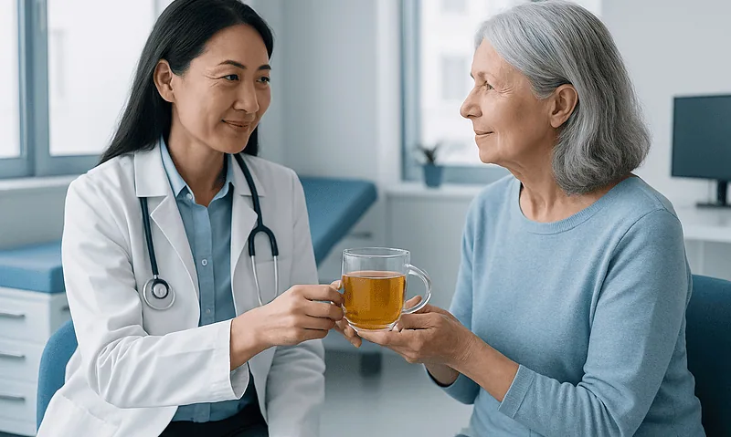 Doctor offering herbal tea to elderly woman in a medical setting.