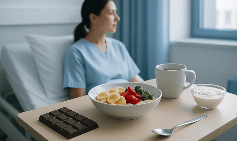 Woman resting in hospital room with healthy breakfast and chocolate.