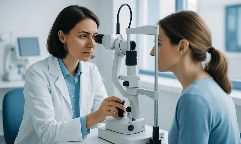 Ophthalmologist examining a patient with a slit lamp in a clinic setting.