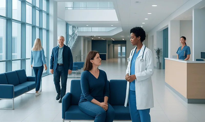 Doctor consulting patient in modern hospital lobby with waiting area.