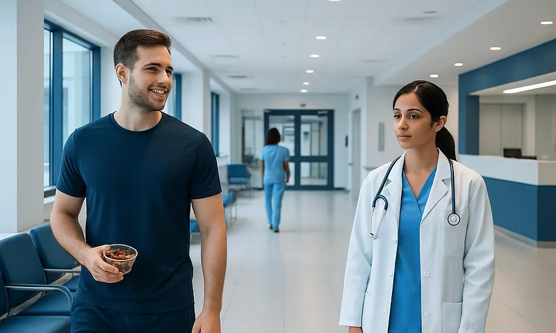 Dates Pre Workout: A Complete Medical Overview 7 Patient talking to doctor in hospital corridor with medical staff in background.