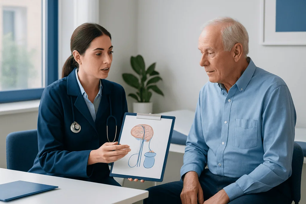 Doctor explains DBS treatment process to elderly patient in consultation room.