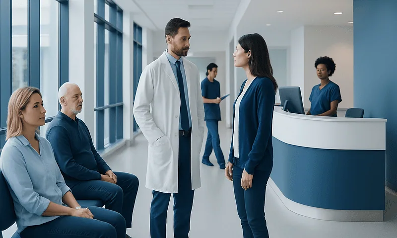 Deep Cleaning for Gum Recession: What Patients Need to Know 5 Doctor consulting patient in modern hospital corridor with waiting area.