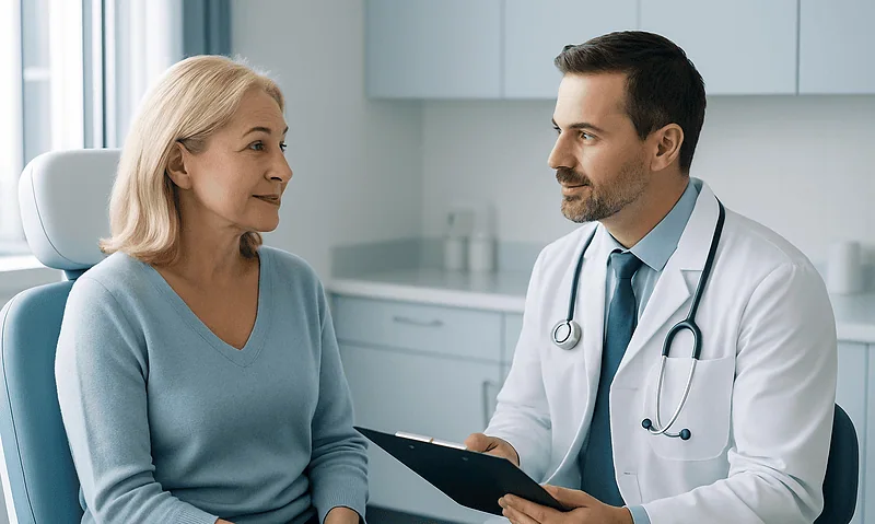Doctor consulting with an elderly woman in a medical office.
