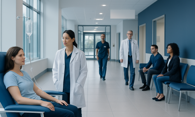 Medical staff and patients in a hospital corridor at Acibadem Hospitals Group.