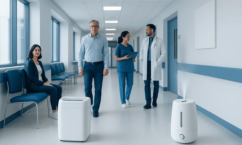 Hospital corridor with medical staff and humidifiers in the foreground.