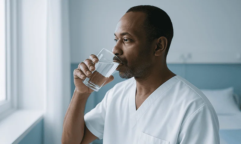 Man drinking water in a hospital room for hydration and headache relief.