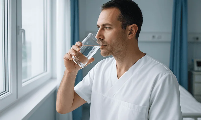 Male healthcare professional drinking water in hospital room.