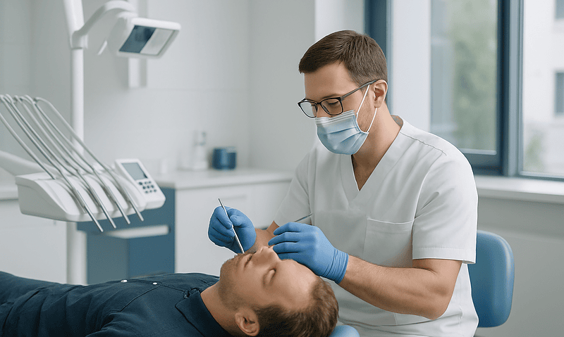 Dentist performing a dental procedure on a patient in a clinical setting.