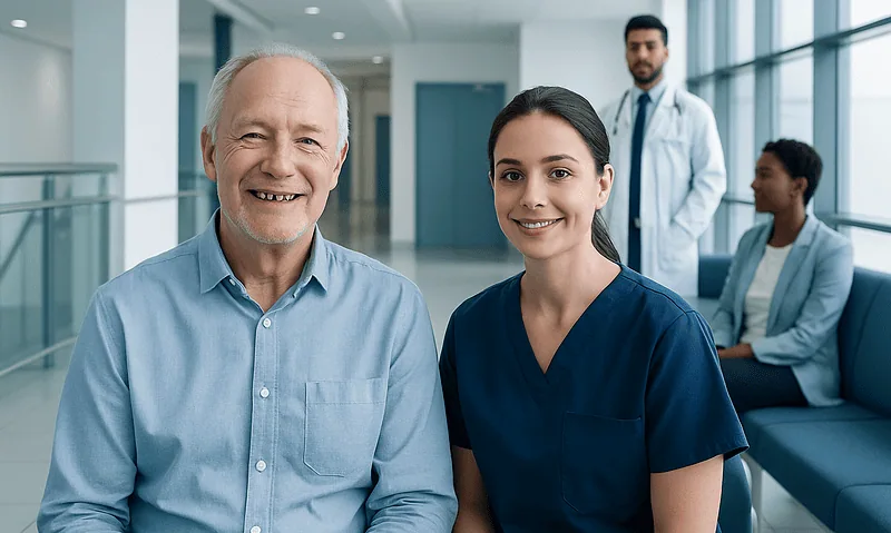 Happy elderly man and young nurse in hospital lobby.