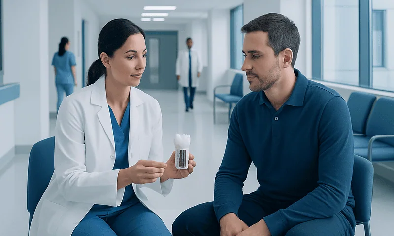 Dentist explains dental implant options to patient in clinic corridor.