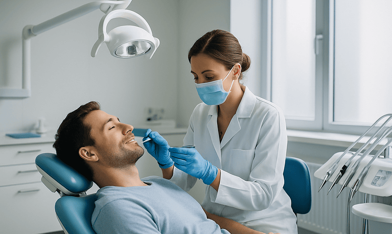 Dentist examining patient in dental clinic with modern equipment.