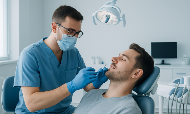 Dentist performing oral examination on patient in dental clinic.
