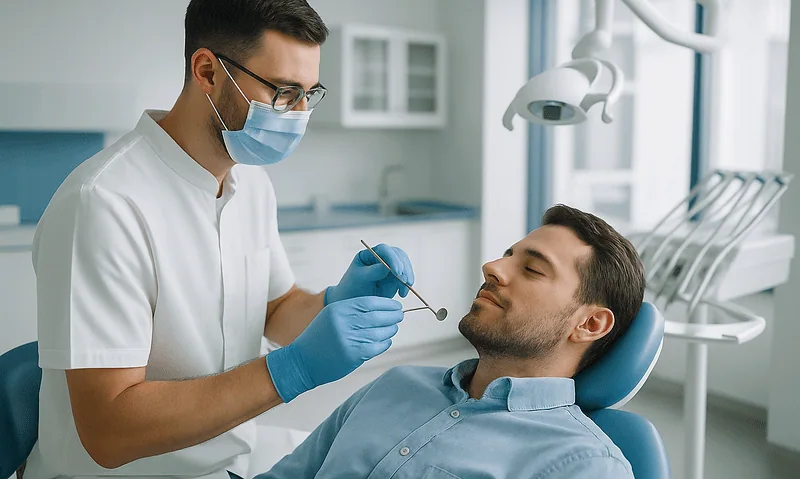 Dentist performing a dental procedure on a patient in a modern clinic.