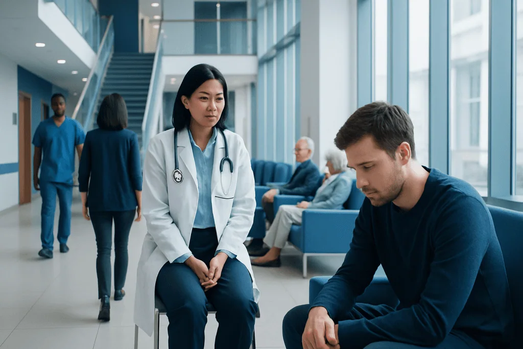 Depression Screening Phq 9: How It Works, Results and What to Expect 1 Doctor consulting with patient in hospital lobby for mental health assessment.