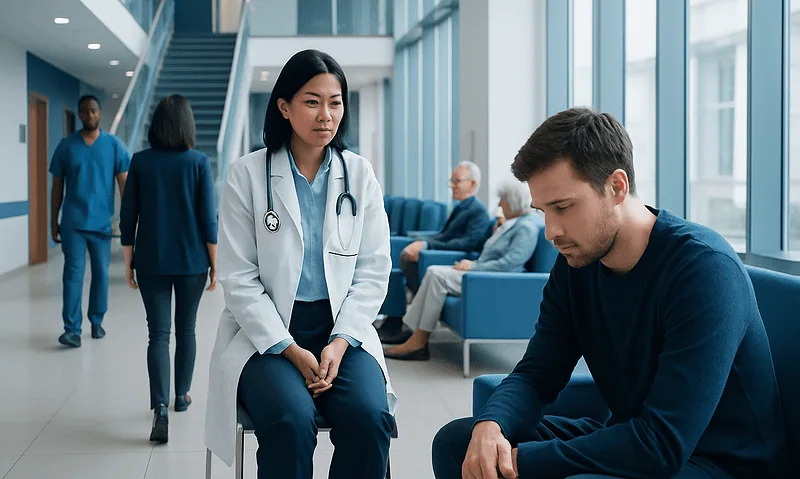 Doctor consulting with patient in hospital lobby for mental health assessment.