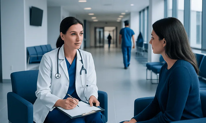 Doctor consulting with a patient in a modern hospital corridor.