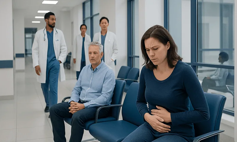 Patient experiencing stomach pain in hospital waiting area with medical staff nearby.