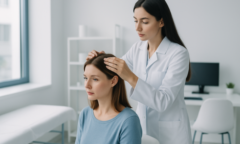 Medical professional performing scalp examination on a patient in clinic.