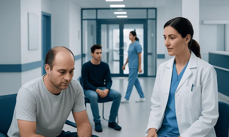 Doctor consulting male patient in hospital corridor with waiting patients.