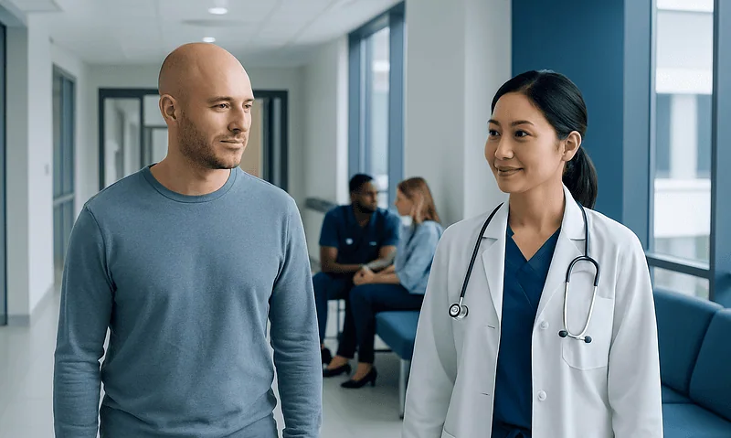 Patient consulting with doctor in hospital corridor.