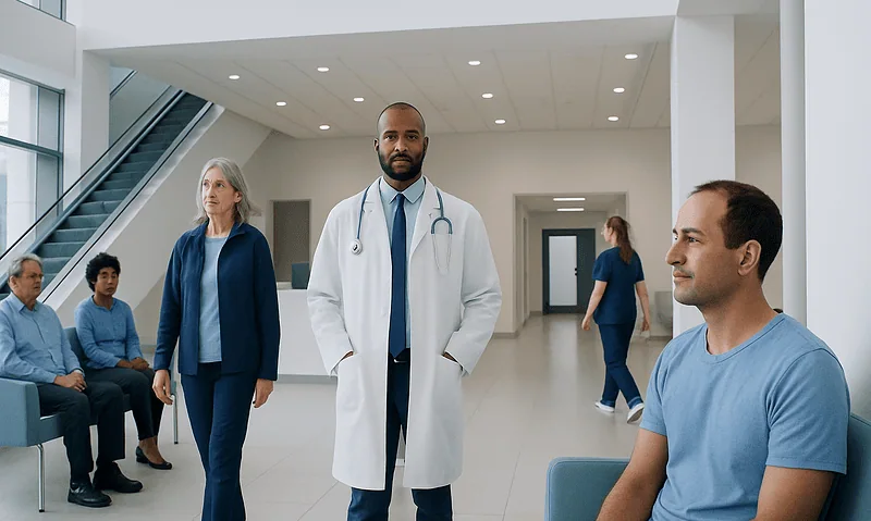 Medical team in hospital lobby with patients and staff.