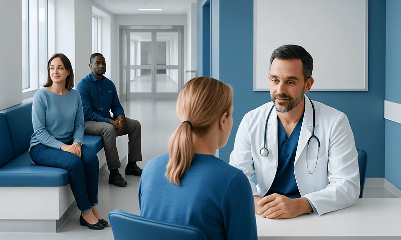 Doctor consulting with patient in hospital corridor with visitors nearby.