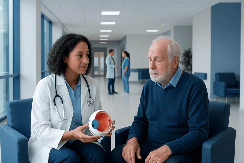 Diabetic Cataract: An Evidence-Based Patient Guide 1 Doctor explaining eye anatomy to an elderly patient in a hospital corridor.