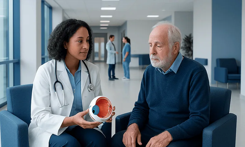 Diabetic Cataract: An Evidence-Based Patient Guide 4 Doctor explaining eye anatomy to an elderly patient in a hospital corridor.