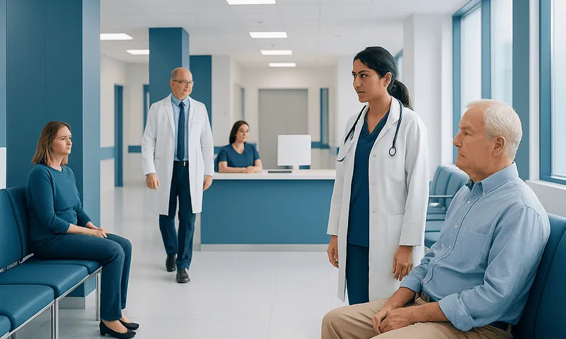 Medical consultation in a modern hospital with doctors and patients.