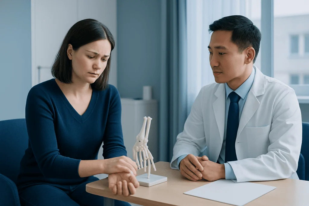 Doctor explaining wrist pain to patient in consultation room.
