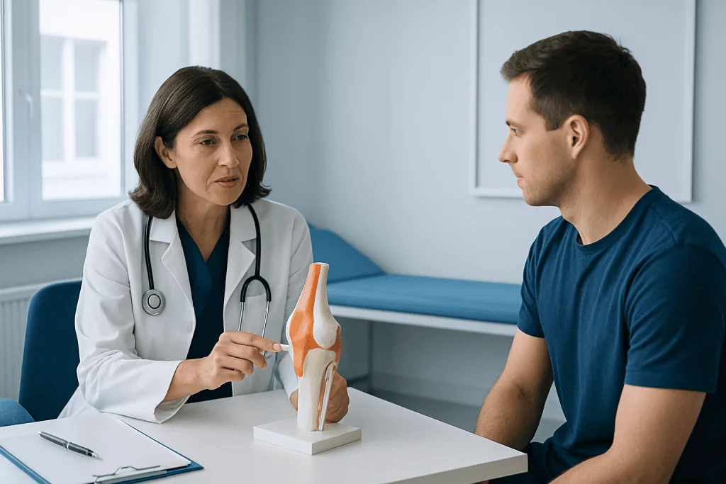 Doctor explaining knee anatomy to patient during consultation at Acibadem Hospital.