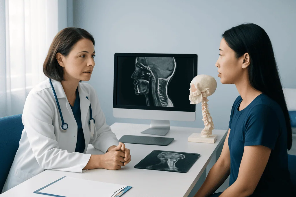 Doctor consulting with patient about cervical spine MRI scan results.