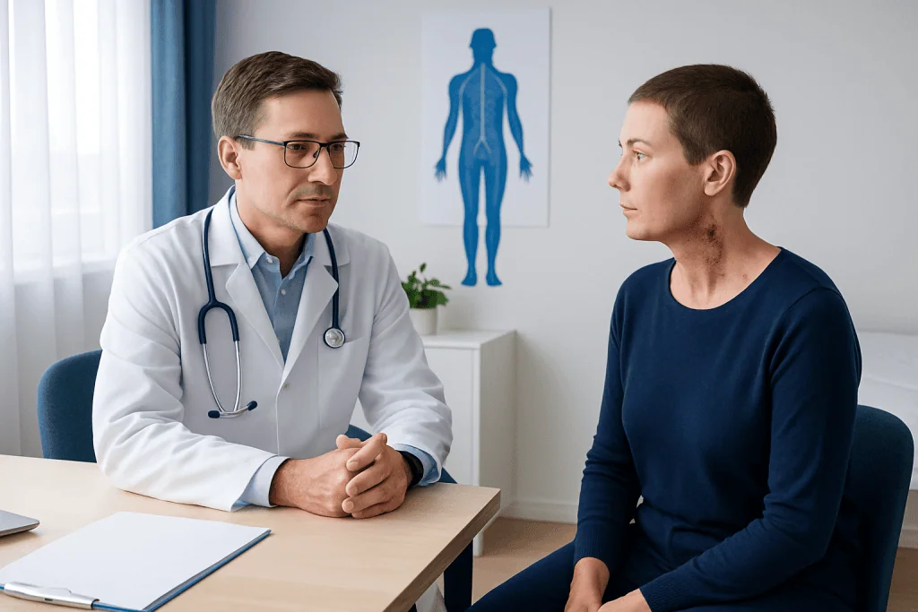 Doctor consulting with a patient about skin cancer treatment options.