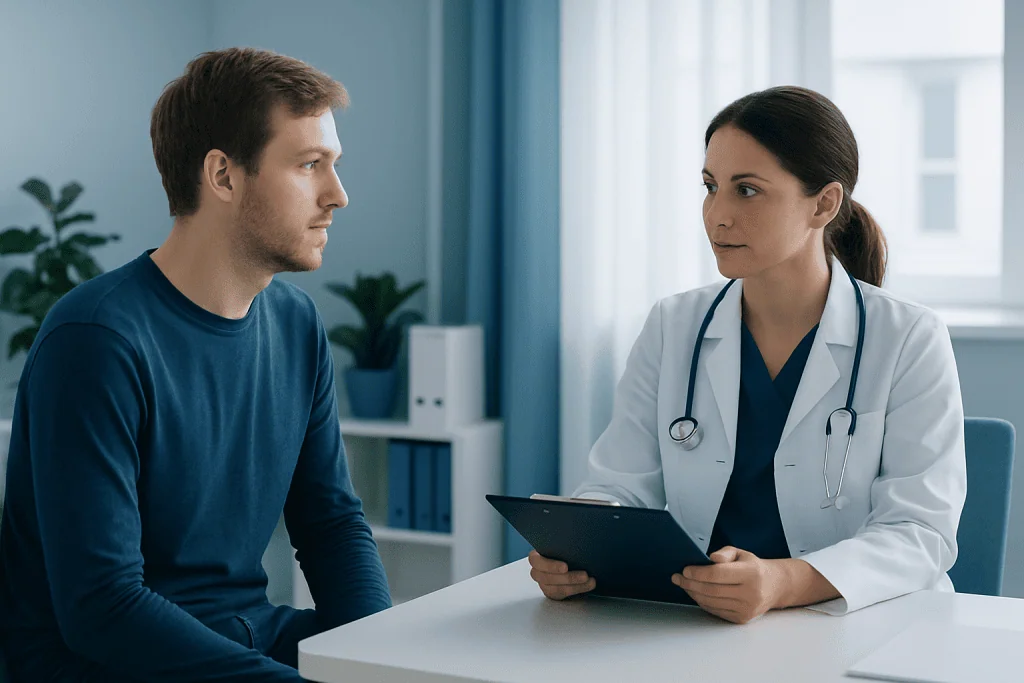 Doctor consulting with a male patient in a modern clinic setting.