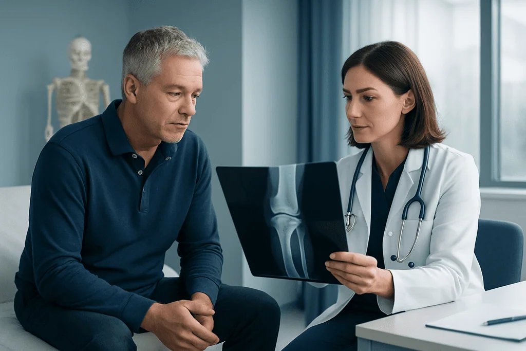 Doctor explaining X-ray results to a patient in a medical consultation room.
