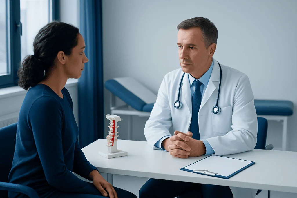 Doctor consulting with patient about spinal health and treatment options.