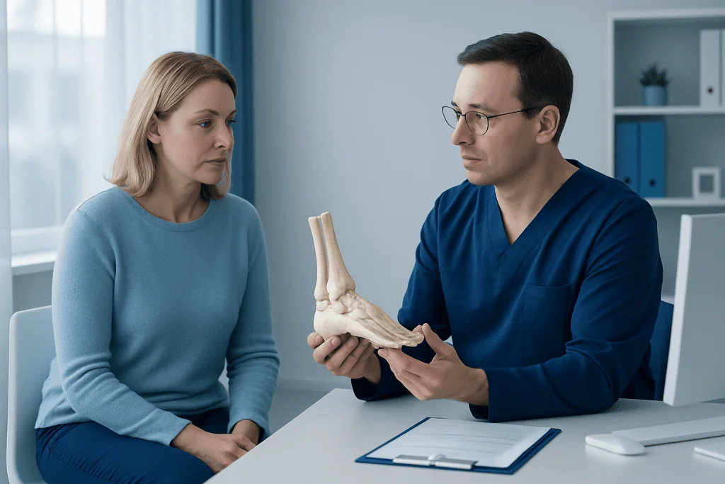 Doctor explaining Charcot foot treatment to patient with ankle model.