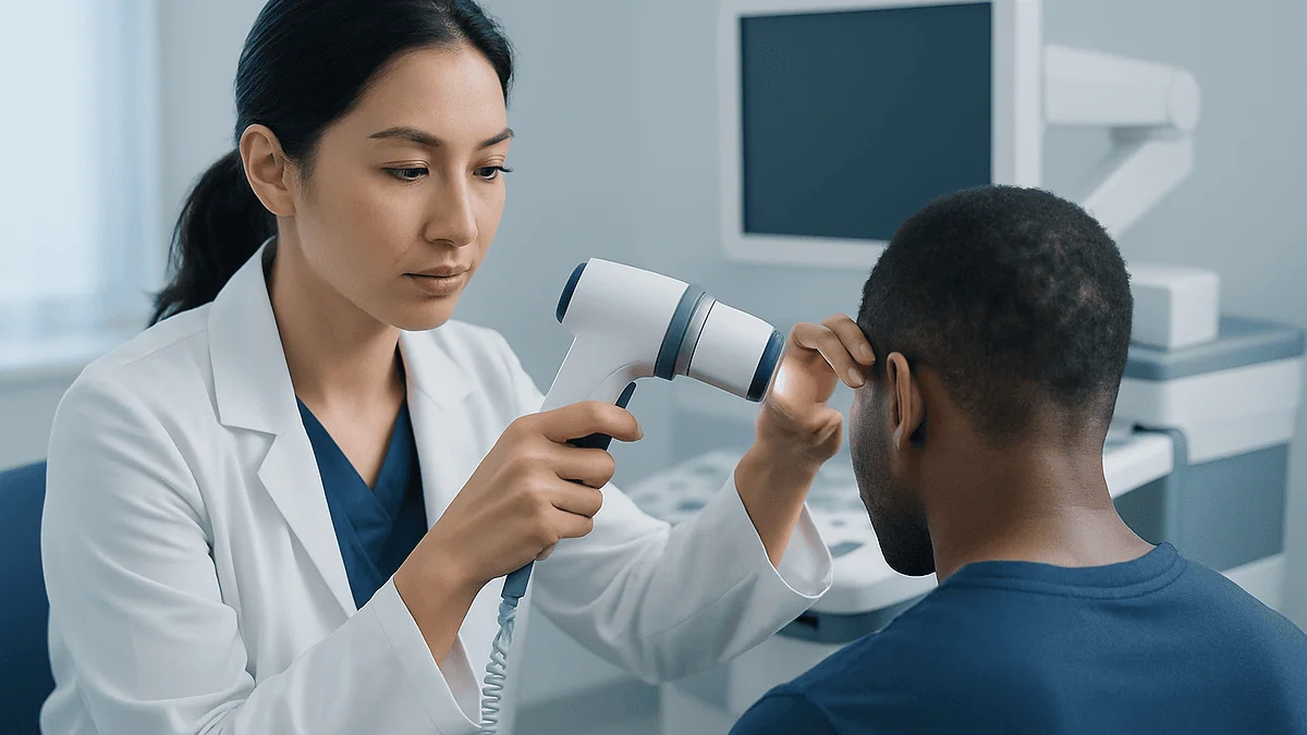 Doctor examining patient's ear with otoscope in clinic setting.