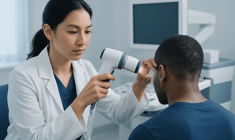 Doctor examining patient's ear with otoscope in clinic setting.
