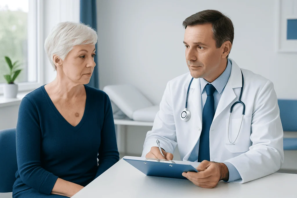 Doctor consulting with an elderly woman in a medical office.