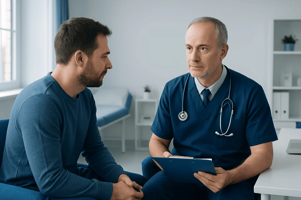 Doctor consulting with patient in a medical office setting.