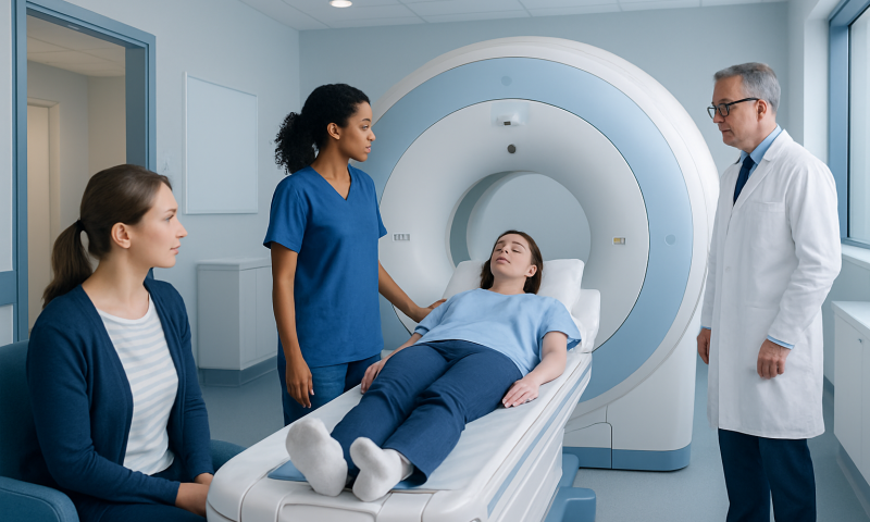 Patient undergoing MRI scan at Acibadem Hospital with medical staff present.